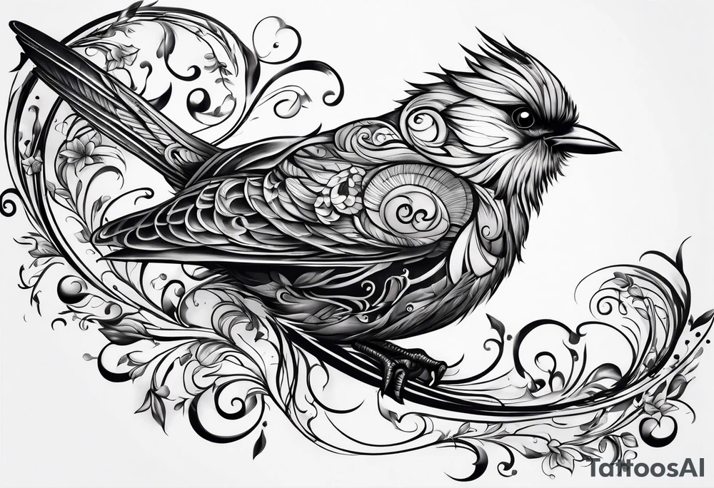 bird swirls tattoo idea