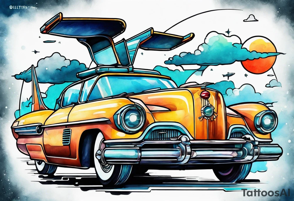 retro futuristic time machine flying car tattoo idea