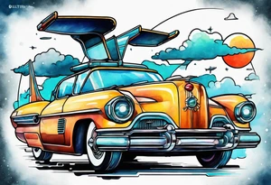 retro futuristic time machine flying car tattoo idea