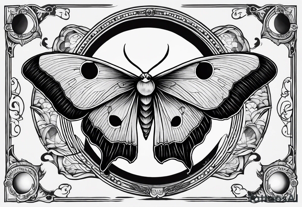 luna moth anatomically correct with five phases of the moon in order under the moth, and the words "carpe noctem" above it in sans serif font tattoo idea