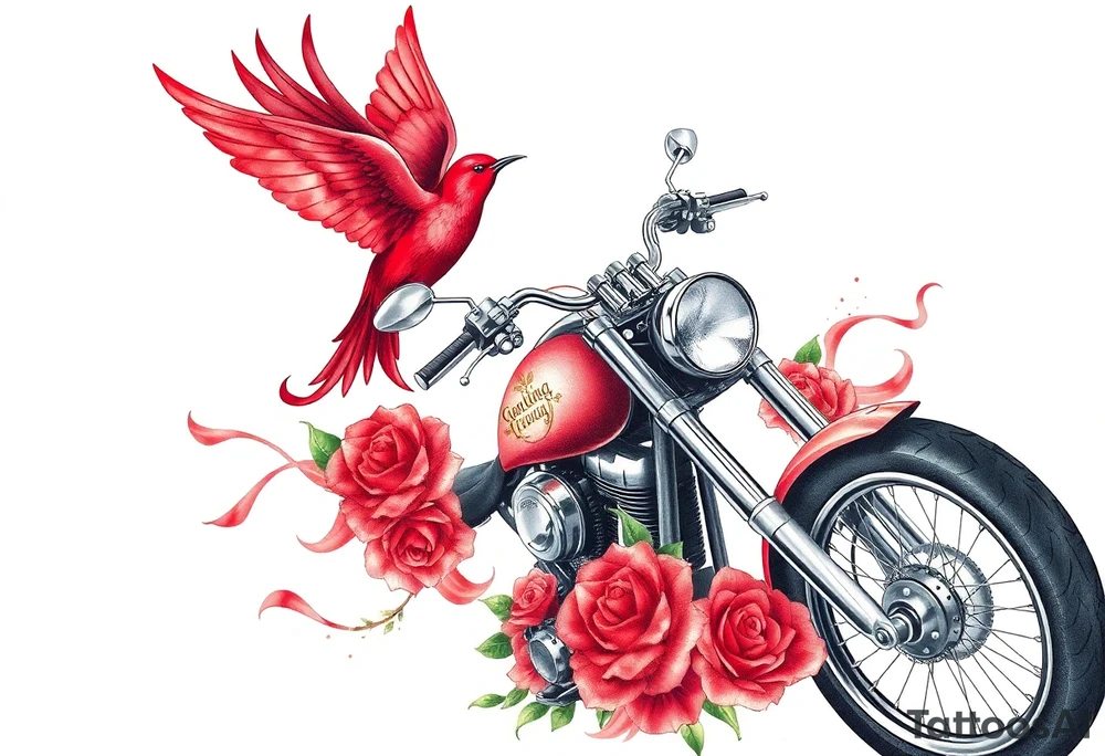 Motorcycle, red bird flying, roses and lace, flames tattoo idea