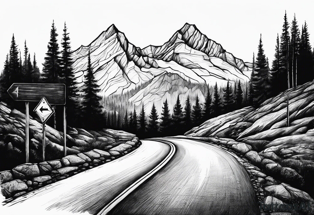 mountain road tattoo with road sign tattoo idea