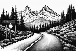 mountain road tattoo with road sign tattoo idea