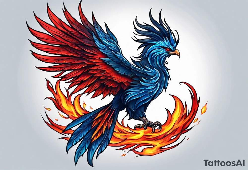 Blue and red Phoenix on fire on a mountain tattoo idea