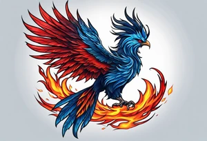 Blue and red Phoenix on fire on a mountain tattoo idea