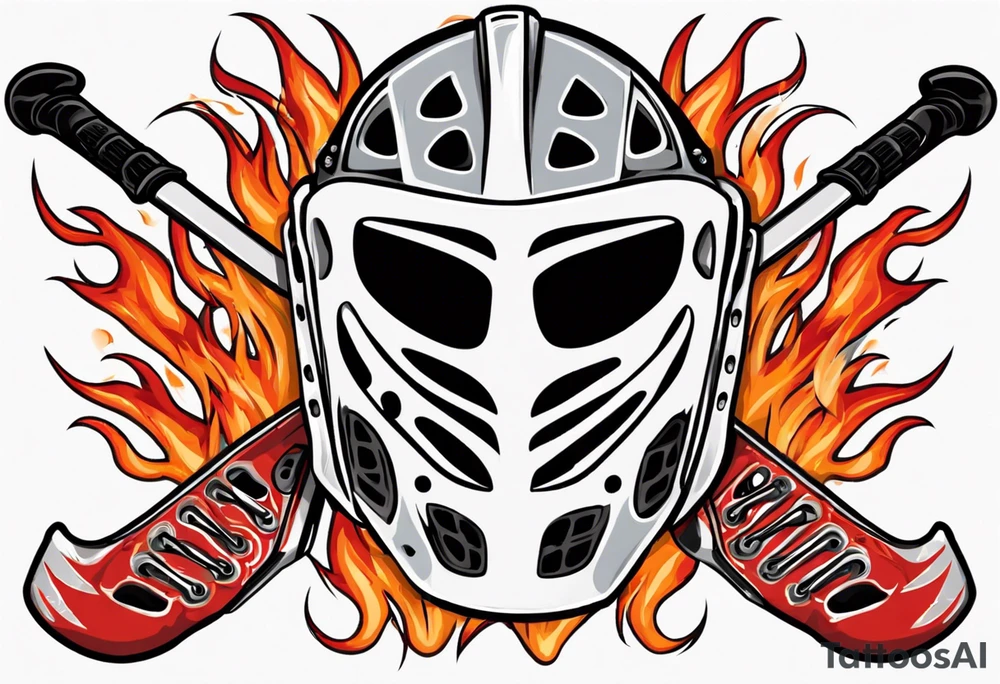 a goalie mask with crossed hockey sticks and flames that says "SHOT HOCKEY" tattoo idea