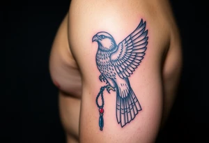 An Egyptian Falcon (Horus) Carrying a Rosary (only red , blue and black are possible colors) tattoo idea