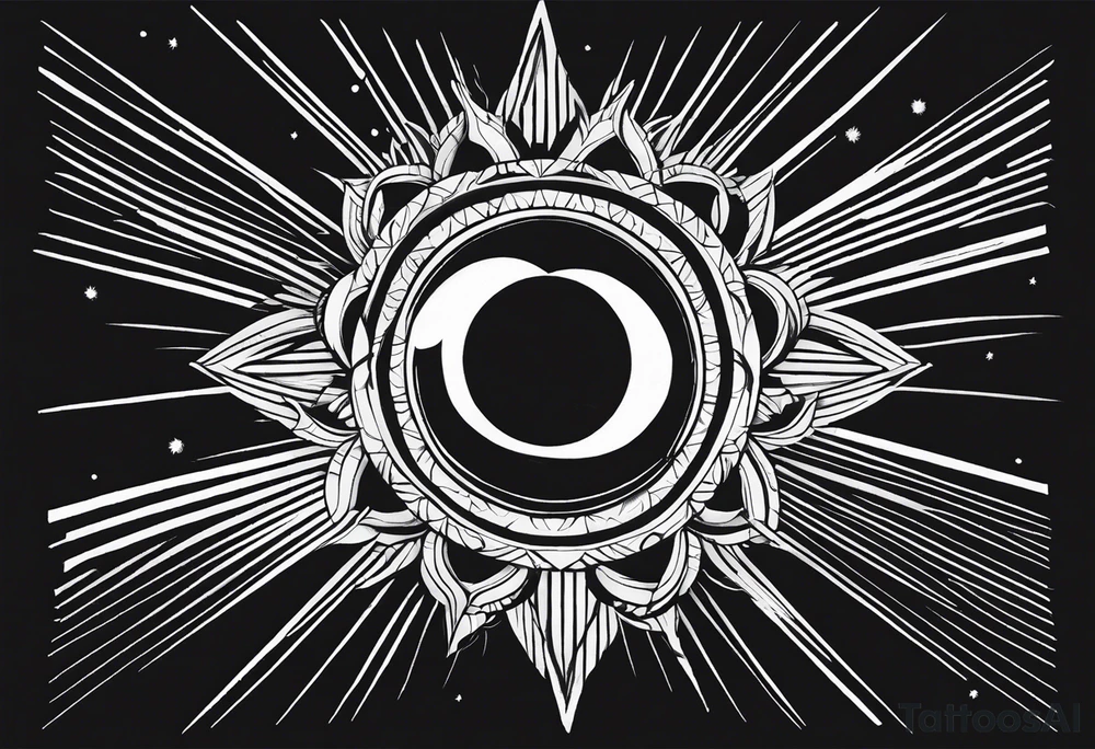 a mixture of minimalist/fine line/tribal tattoo design that is mainly minimalist with fine lines. unique Design of the sun that resembles a connection to the sun. It further resembles the sun's energy. Make it simple to draw and focus on the rays of sunshine tattoo idea