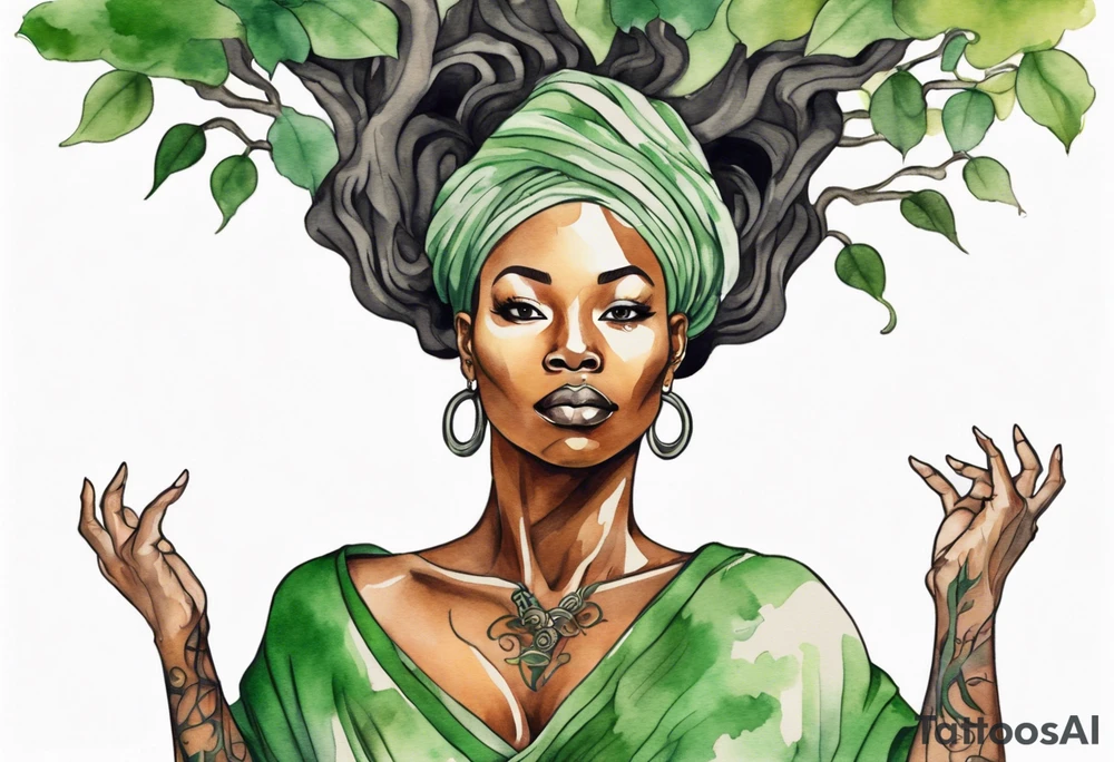 a tree trunk with roots that is a beautiful black woman from the waist up, arms reaching up to the sun, wearing a green tunic tattoo idea