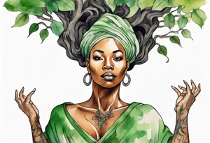 a tree trunk with roots that is a beautiful black woman from the waist up, arms reaching up to the sun, wearing a green tunic tattoo idea