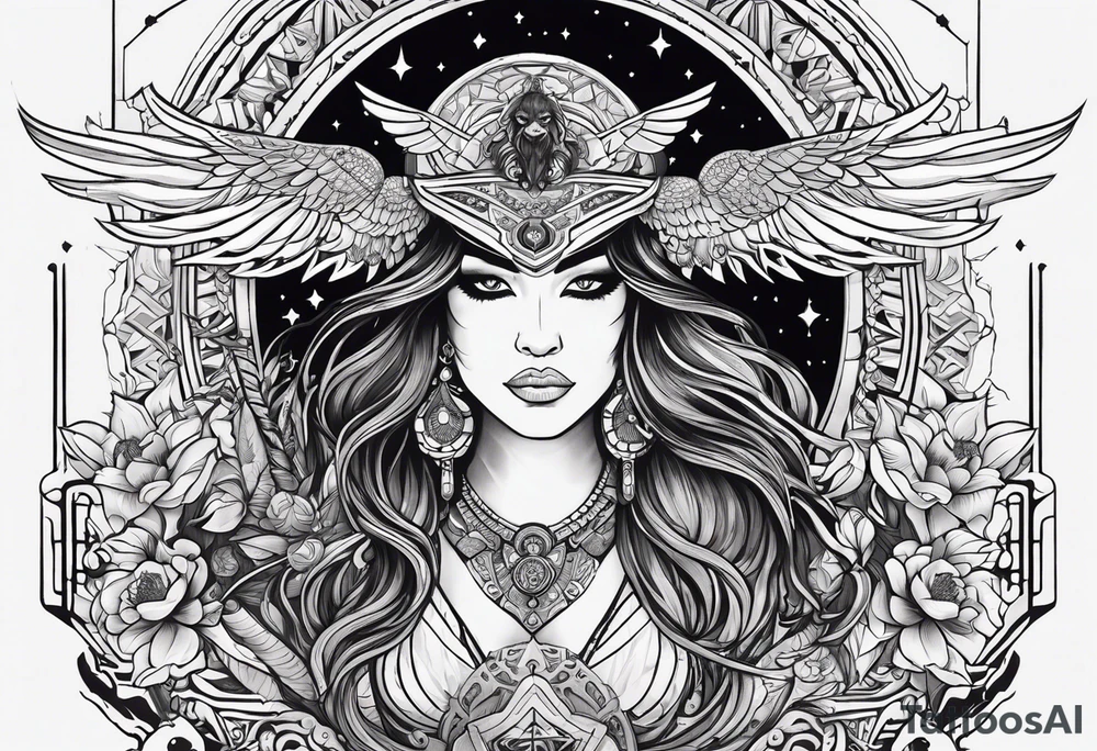 black kali, goddess pirate, alien, angel, pachamama, valkrye, warrior, flying, skull, lotus azul, wing, eagle, zenza resonance, stars, 5D, anahata chakra, death, durga, riding on a tiger, flying lady tattoo idea