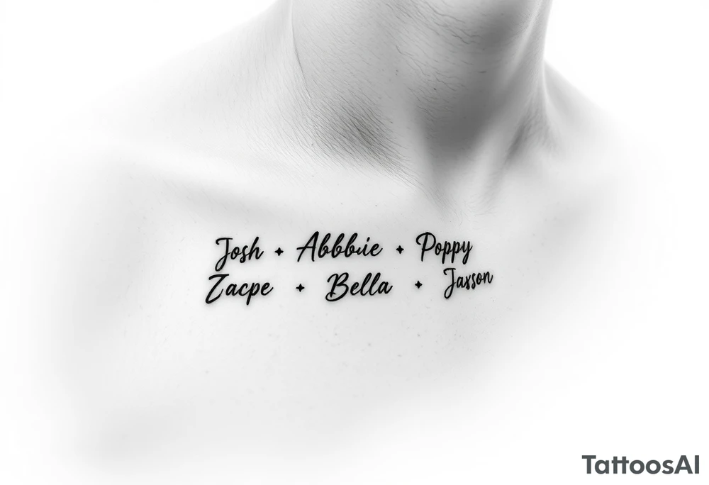 an anklet with the names Josh•Abbie•Poppy•Zac•Jack•Bella•Oscar•Jude•Jaxson tattoo idea