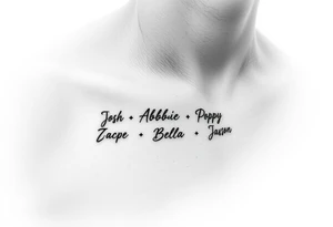 an anklet with the names Josh•Abbie•Poppy•Zac•Jack•Bella•Oscar•Jude•Jaxson tattoo idea