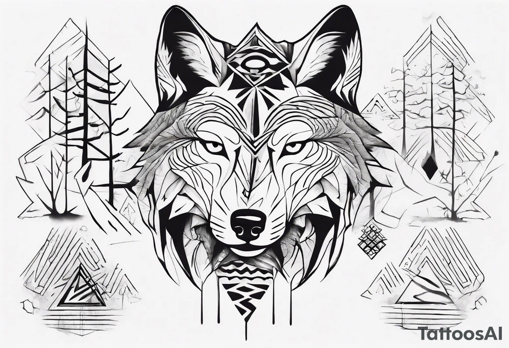 Wolf's face with geometric patterns flowing from it along with impressions of trees, a forest tattoo idea