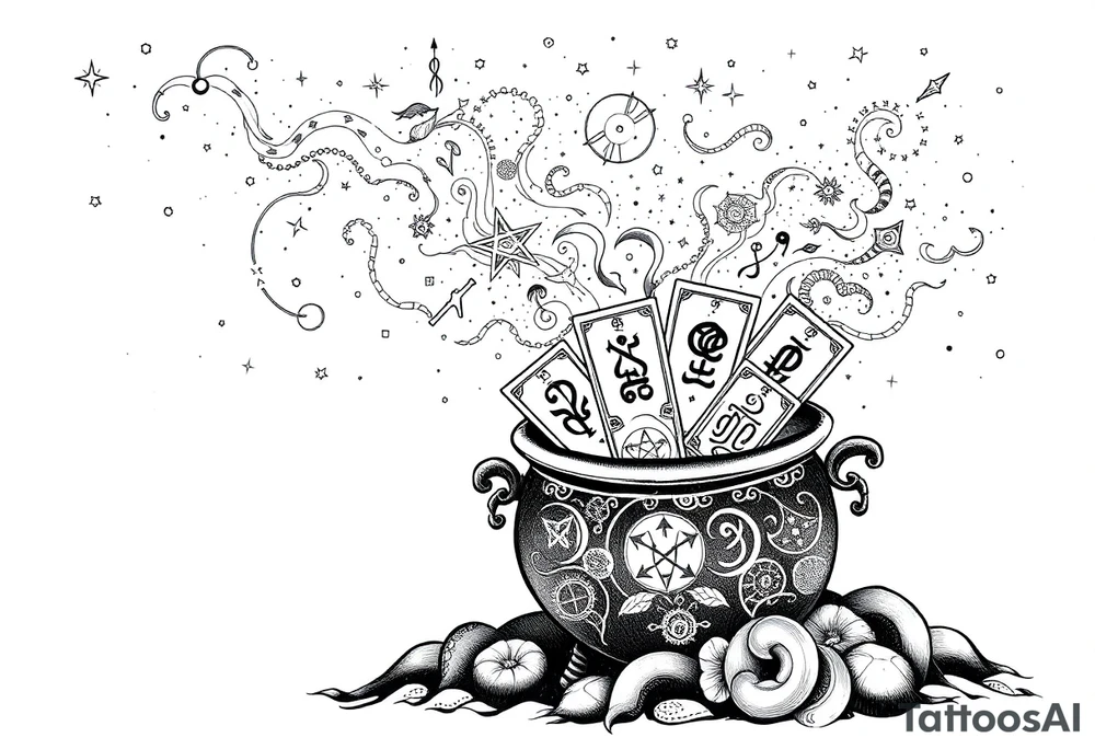 Milky way galaxy filled with zodiac symbols runes tarot cards coming out of a cauldron tattoo idea