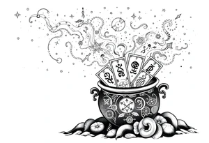 Milky way galaxy filled with zodiac symbols runes tarot cards coming out of a cauldron tattoo idea