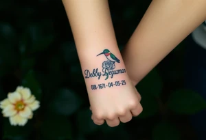 Cursive name Debby Deguzman surrounded by a hummingbird a rose and these dates 08-17-61 to 05-29-25 tattoo idea