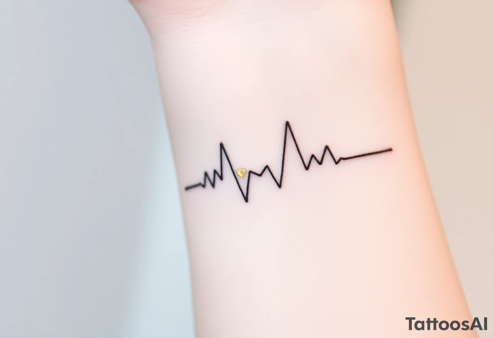 A minimalistic heartbeat line in fine black ink, with small hearts at each peak, colored in soft gold and silver. tattoo idea