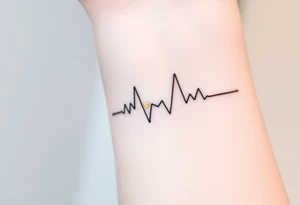A minimalistic heartbeat line in fine black ink, with small hearts at each peak, colored in soft gold and silver. tattoo idea
