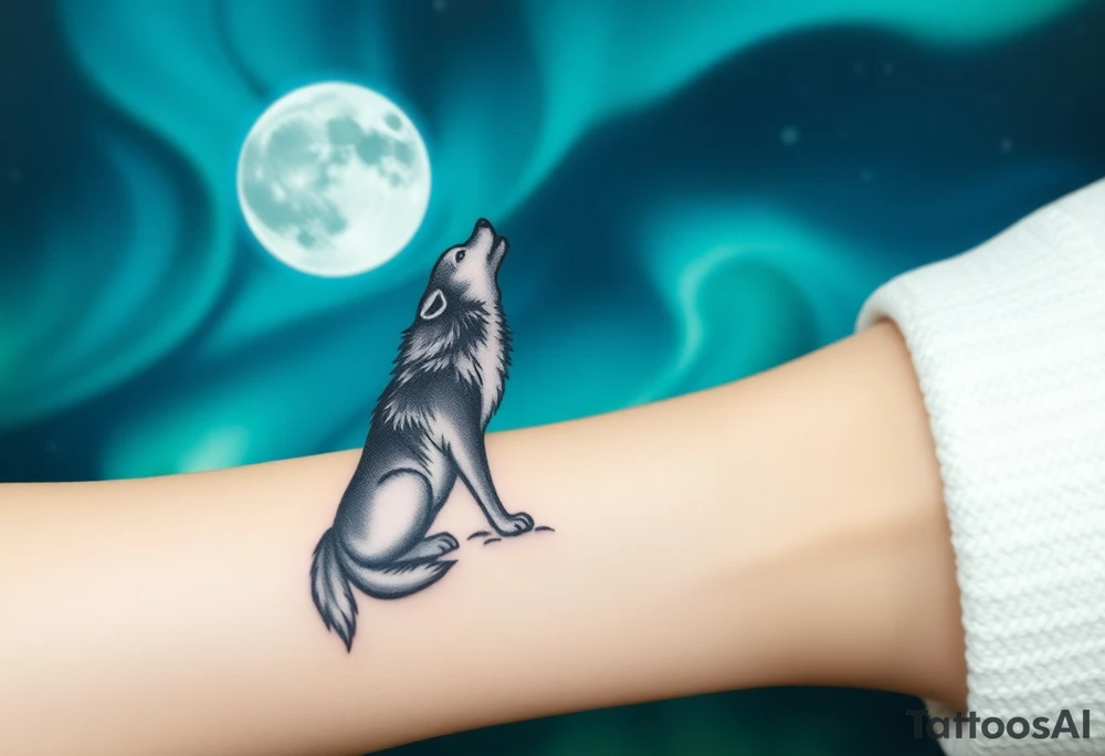 lone wolf howling at full moon with northern lights backdrop tattoo idea