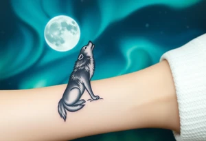 lone wolf howling at full moon with northern lights backdrop tattoo idea