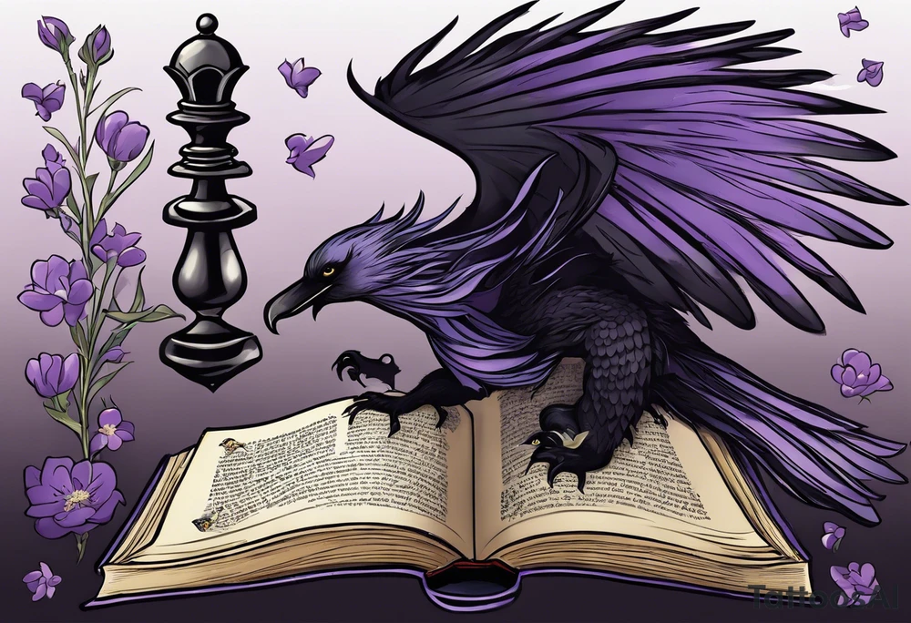 an open book. Above the book, a small dragon, flies in the air. To the right, a pawn chess piece.  On the left corner of the book, a little raven perches, feathers ruffled. Below the book, a cluster of lavender flowers, with a bumblebee tattoo idea