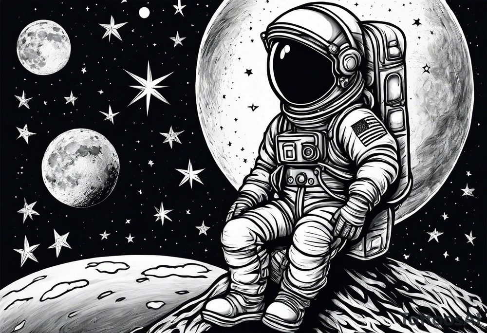 Kid Astronaut sitting on the moon reaching for the stars tattoo idea