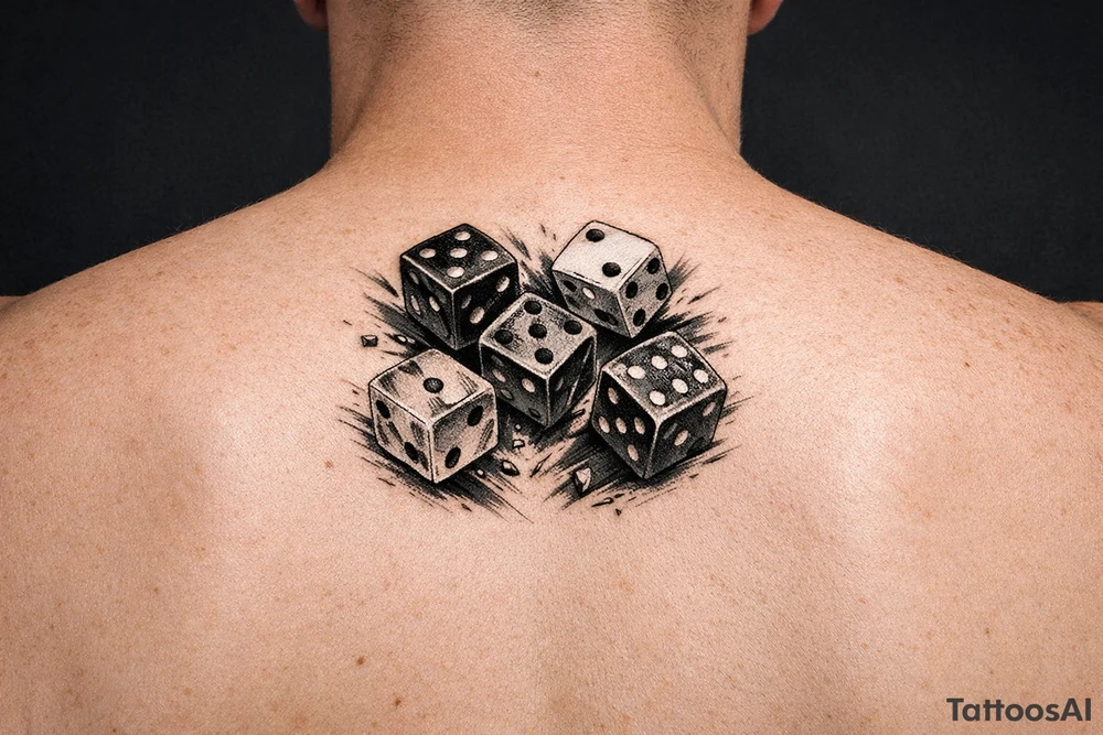 Five colorful dice tumbling mid-air, realistic style. tattoo idea