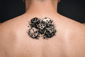 Five colorful dice tumbling mid-air, realistic style. tattoo idea