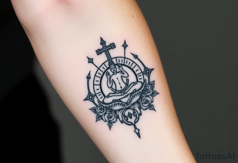 A symbol of victory over enemies surrounded by symbols of meditation and a new life tattoo idea