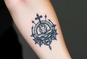 A symbol of victory over enemies surrounded by symbols of meditation and a new life tattoo idea