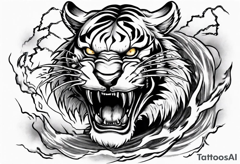 mythical ferocious tiger with lightning around it. The tattoo is for a forearm sleeve tattoo idea