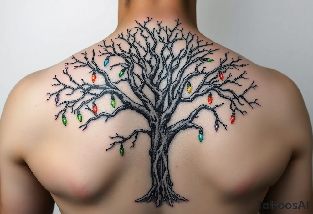An eerie tree made out of human bones. The bigger the branches, the bigger the bones, so small branches will be hand and finger bones. There are also glass lights hanging throughout the tree and the lights are all colors of the rainbow. So this eerie tree is still somewhat beautiful tattoo idea