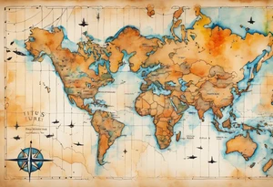 Map US to europe with one tiny jet plane showing intercontinental flight path. Watercolor with spilled watercolor look abstract, antiqued, latitude and longitude grid tattoo idea