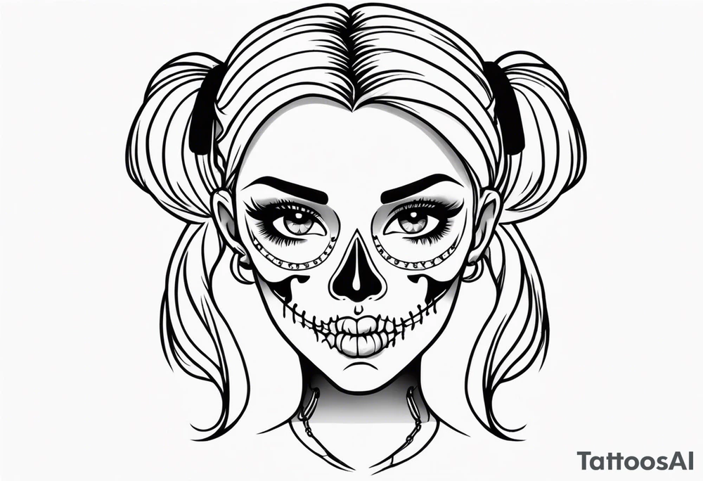 feminine skull and cross bones with hair in two blonde pigtails tattoo idea