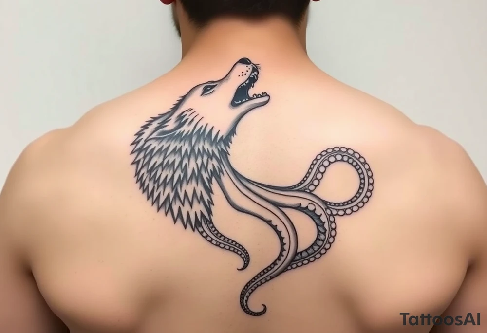 A surreal wolf octopus howling tattoo idea