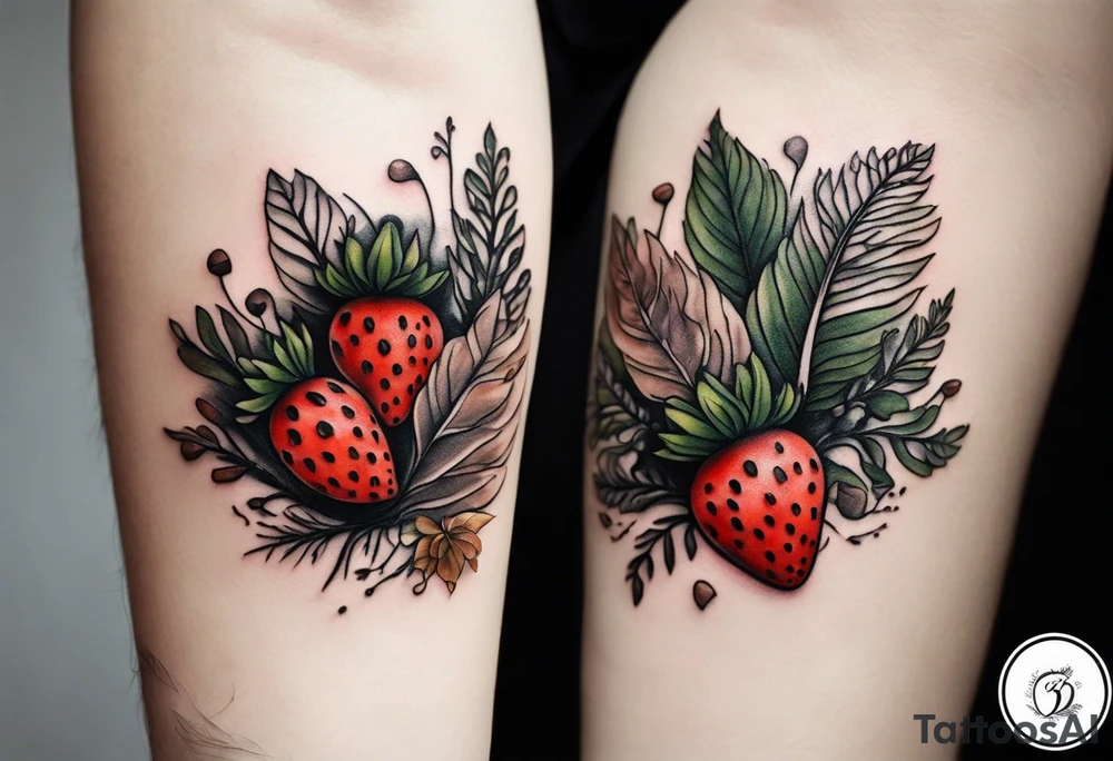 forest floor inspired minimalist tattoo, which includes grass, curly ferns and dead leaves as the bulk of the tattoo. details to include: three very tiny strawberries, a tiny bumblebee flying nearby, three small brown mushrooms tattoo idea