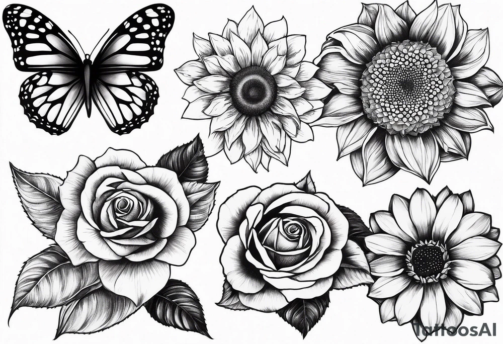 Flower : rose , sunflower, camera, small butterfly tattoo idea