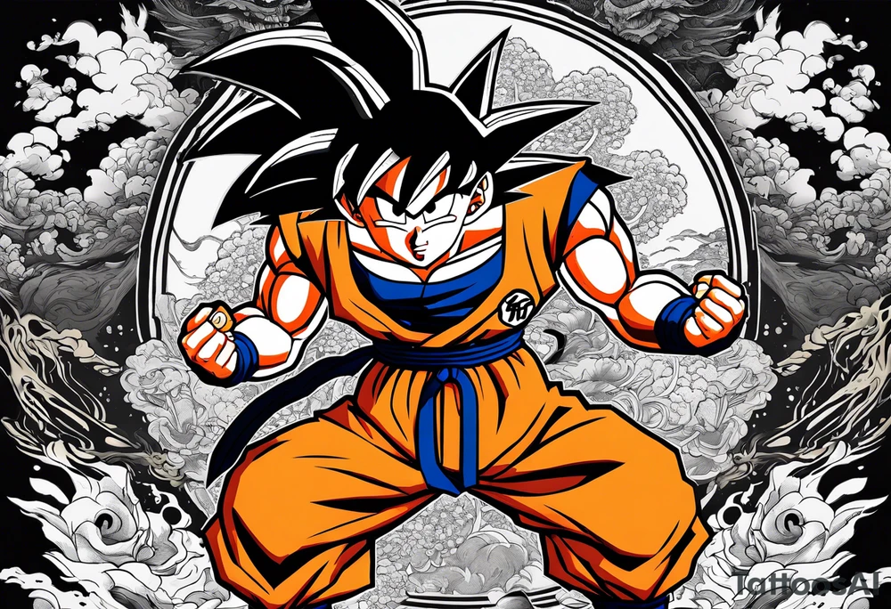 Son-Goku as a super saiyajin . A huge dragonball surrounds the whole scenery. Gokus friends are surrounding him as shadows tattoo idea