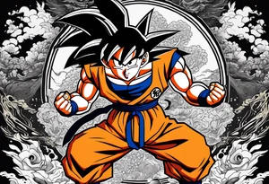 Son-Goku as a super saiyajin . A huge dragonball surrounds the whole scenery. Gokus friends are surrounding him as shadows tattoo idea