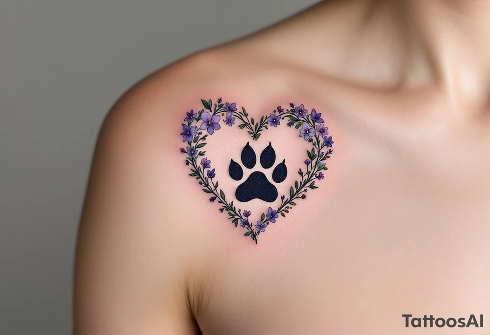 A heart shape made up of small, intricate flowers in shades of violet, lavender, and soft green. Inside the heart, a detailed black paw print silhouette sits, giving the design depth and contrast. The flowers are delicate and look hand-drawn for an organic feel. Violet, Lavender, Soft Green (for flowers), Black (for paw print). tattoo idea