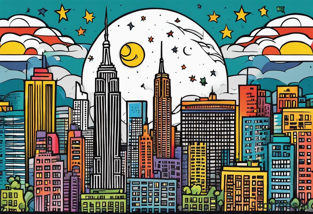 La ciudad de Nueva York con el Chrisler building y la luna como sfondo en estilo chicano tattoo idea