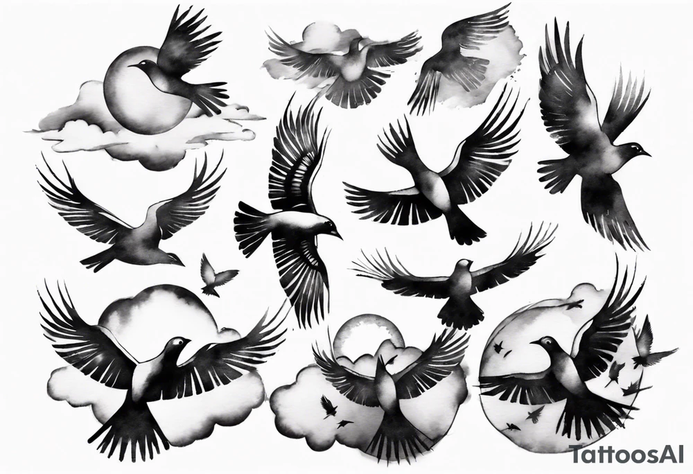 shoulder tattoo with light rays with birds flying free among the clouds, round shape, 3d effect tattoo idea shoulder tattoo with light rays with birds flying free among the clouds, round shape, 3d effect tattoo idea