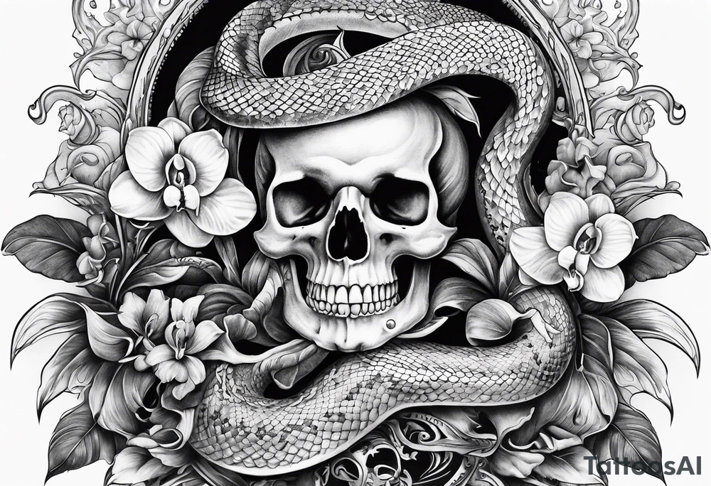 Snake wrapped around dagger, orchids and skulls tattoo idea