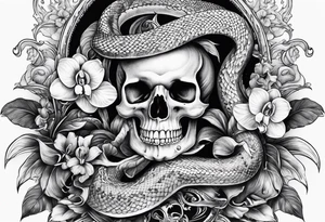 Snake wrapped around dagger, orchids and skulls tattoo idea