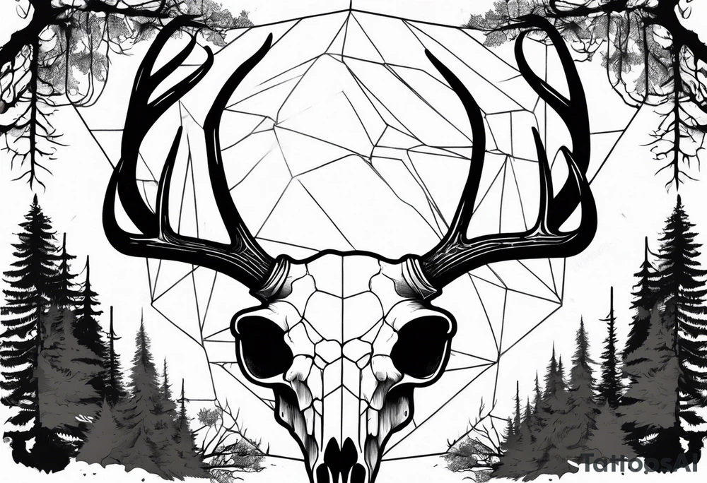 scary side view of a DECAYING deer skull JUST BONE surrounded by a forest fire in background tattoo idea