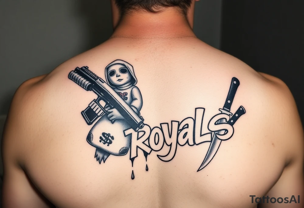 Chest , voodoo doll with a Glock 17 with a extended magazine and a moneybag full of money , loyalty over royalties bubble graffiti letters , and Micheal Myers with a bloody knife tattoo idea