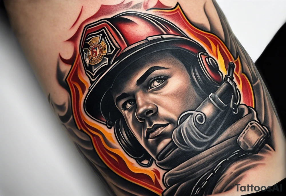 A fire department related forearm tattoo that includes a fire hose and a halligan bar tattoo idea