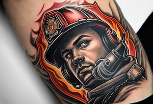 A fire department related forearm tattoo that includes a fire hose and a halligan bar tattoo idea