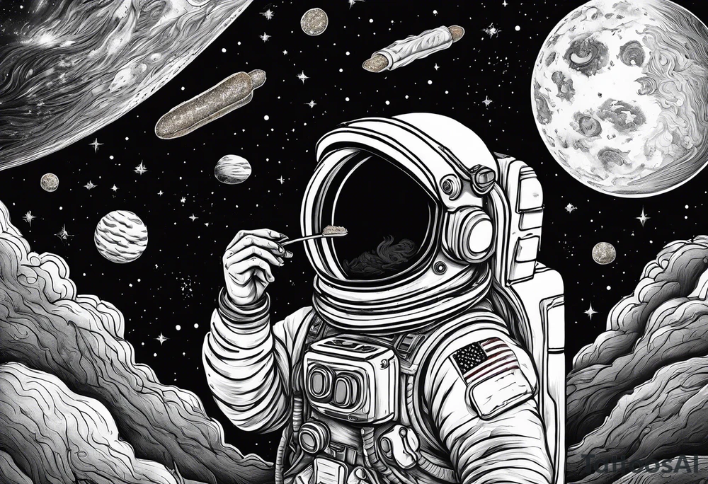 a picture of an astronaut eating a corndog while floating in space showing the full body tattoo idea